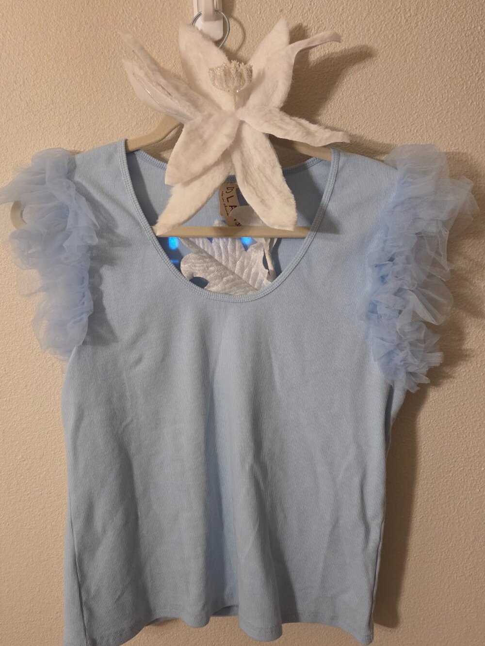 Anthropologie Dolan light blue ribbed knit tank top featuring sheer tulle ruffle